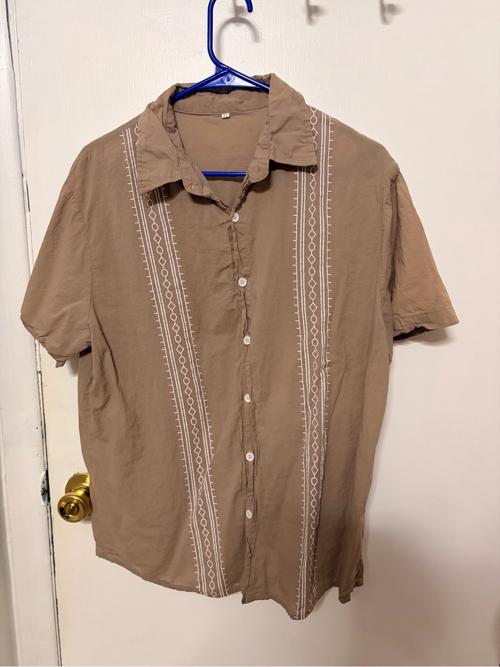 Men's Short-Sleeve Tan Button-Down Shirt with Embroidered Stripes